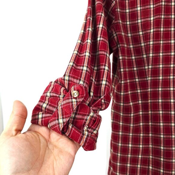 Eddie Bauer Wine Red Madras Plaid Roll Tab Button Front Long SLeeve Shirt - Picture 5 of 6